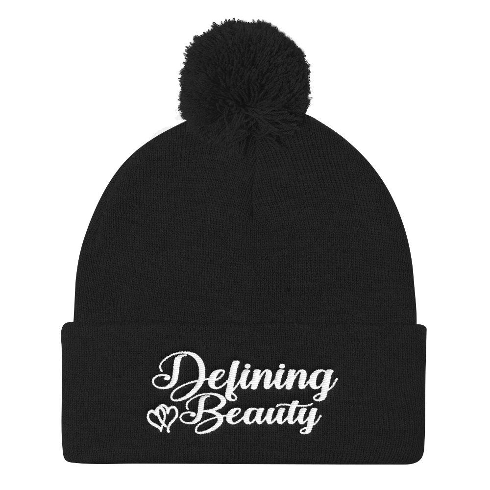 Defining Beauty Women White Letters Pom Pom Knit Cap